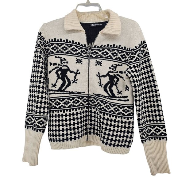 Nils Wool Blend Ski Graphic Full Zip Sweater S Spread Collar Après Ski Winter - Picture 1 of 10